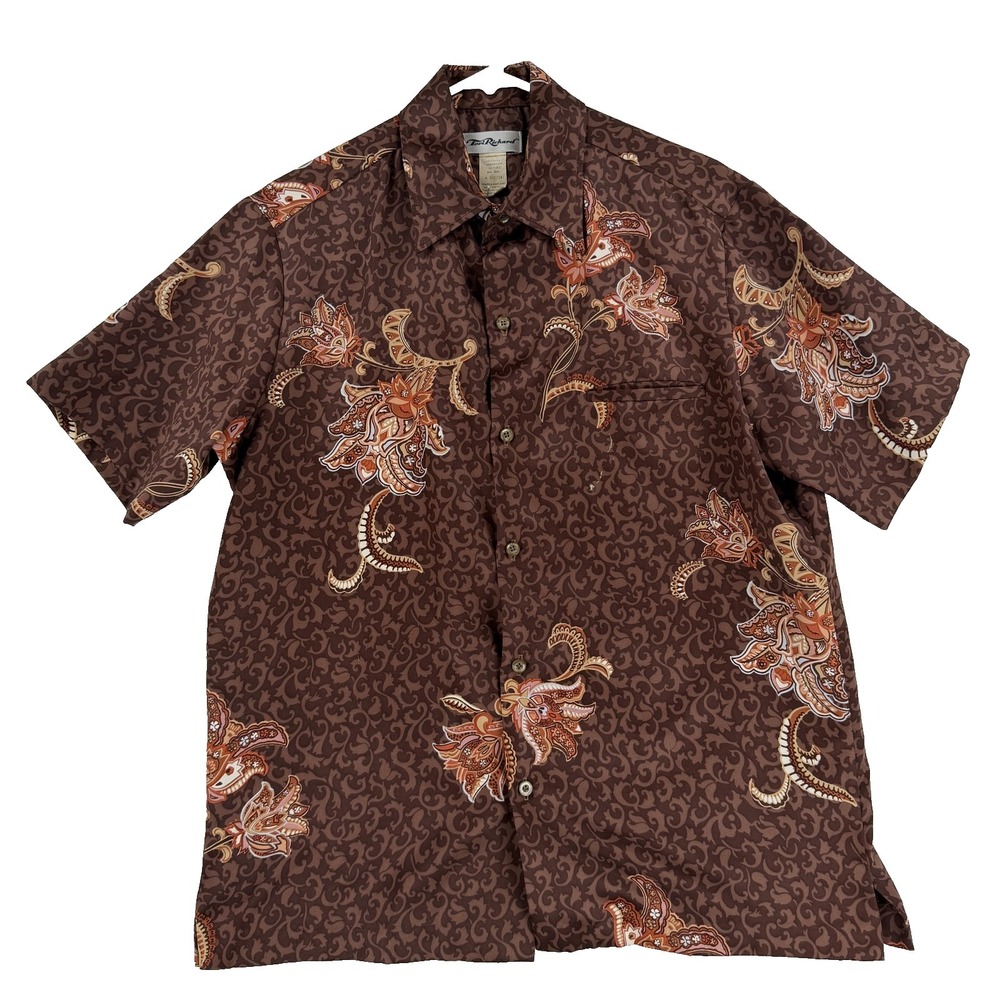 Vintage Tori Richard Shirt Mens Medium Brown Floral‎ Hawaiian Aloha Disco Poly